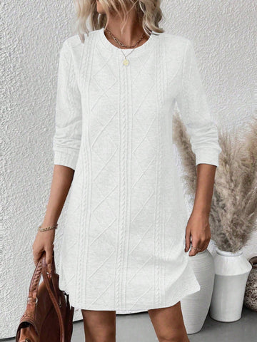 Women's Casual Loose Fit Long Dress, Round Neck Long Sleeve Straight Dress, Floral Textured