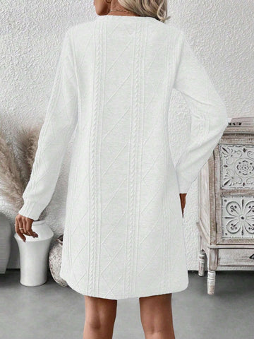 Women's Casual Loose Fit Long Dress, Round Neck Long Sleeve Straight Dress, Floral Textured