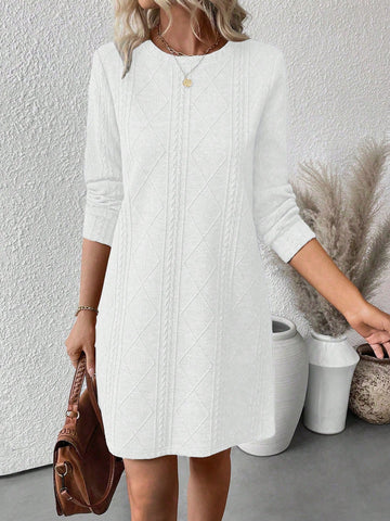 Women's Casual Loose Fit Long Dress, Round Neck Long Sleeve Straight Dress, Floral Textured