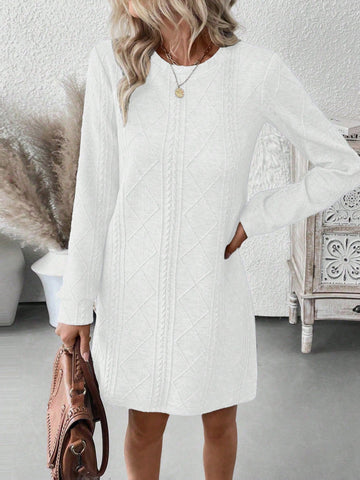 Women's Casual Loose Fit Long Dress, Round Neck Long Sleeve Straight Dress, Floral Textured