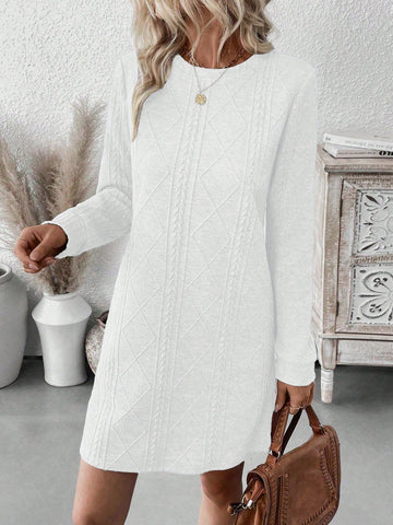 Women's Casual Loose Fit Long Dress, Round Neck Long Sleeve Straight Dress, Floral Textured