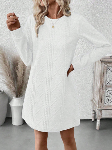 Women's Casual Loose Fit Long Dress, Round Neck Long Sleeve Straight Dress, Floral Textured