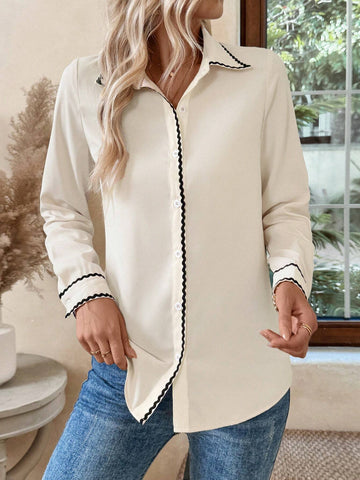 LUNE Women's Casual Loose Fit Shirt For Autumn/Winter, Turndown Collar, Long Sleeve, Button Front,