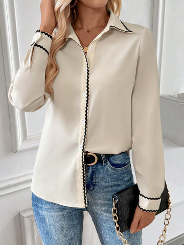 LUNE Women's Casual Loose Fit Shirt For Autumn/Winter, Turndown Collar, Long Sleeve, Button Front,