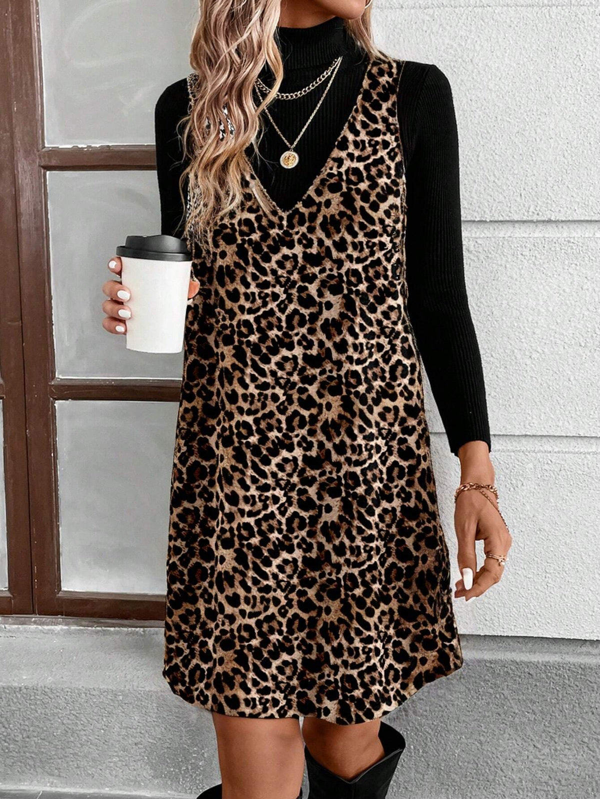 Women's Casual Loose Leopard Print Simple Dress, Suited For Autumn/Winter