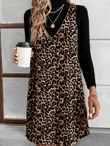 Women's Casual Loose Leopard Print Simple Dress, Suited For Autumn/Winter