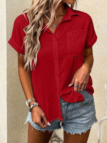 LUNE Women's Casual Loose Pocketed Solid Color Short Sleeve Blouse, Summer