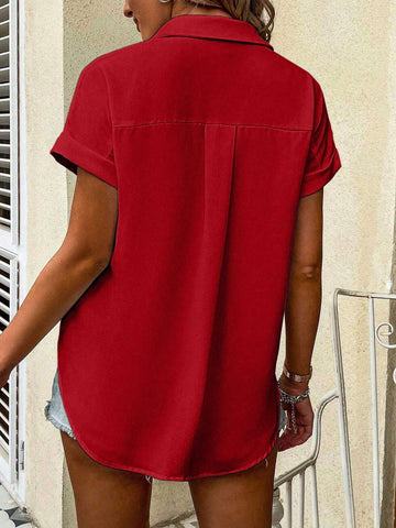 LUNE Women's Casual Loose Pocketed Solid Color Short Sleeve Blouse, Summer