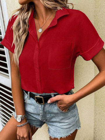 LUNE Women's Casual Loose Pocketed Solid Color Short Sleeve Blouse, Summer