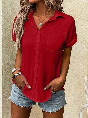 LUNE Women's Casual Loose Pocketed Solid Color Short Sleeve Blouse, Summer