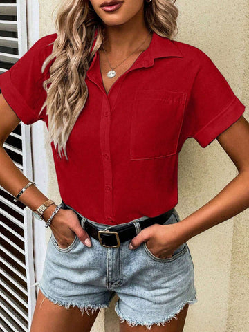 LUNE Women's Casual Loose Pocketed Solid Color Short Sleeve Blouse, Summer