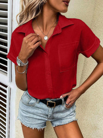 LUNE Women's Casual Loose Pocketed Solid Color Short Sleeve Blouse, Summer