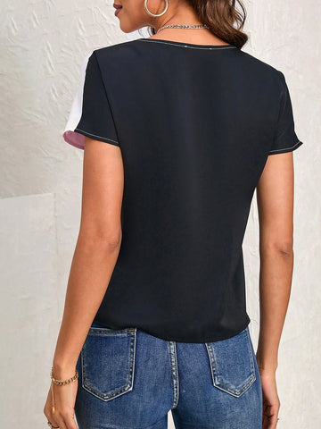 LUNE Women's Casual Loose Round Neck Short Sleeve Color Block Blouse