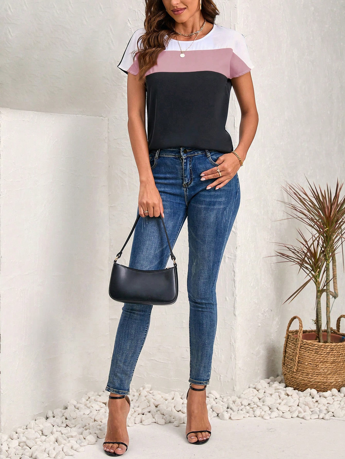 LUNE Women's Casual Loose Round Neck Short Sleeve Color Block Blouse