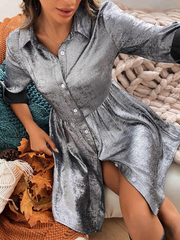 Women's Casual Metallic Coated Basic Party Everyday Long Sleeve Mini Dress, Autumn/Winter