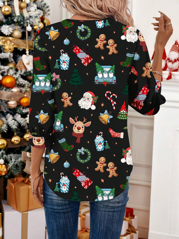 LUNE Women's Casual Minimalist Christmas Deer Pattern Office Wear Printed Shirt, Suitable For