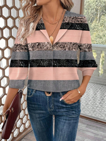 LUNE Women's Casual Minimalist Colorful Striped Glitter Pattern Printed Office Blouse,