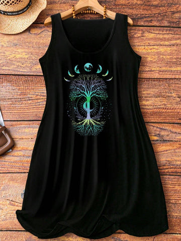 Women's Casual Minimalist Life Tree Print Tank Dress, Suitable For Summer