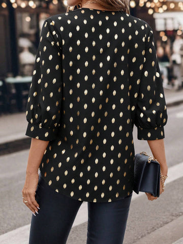 LUNE Women's Casual Office Blouse, Teacher Work Uniform, Party Wear, Sequin Print Black Shirt