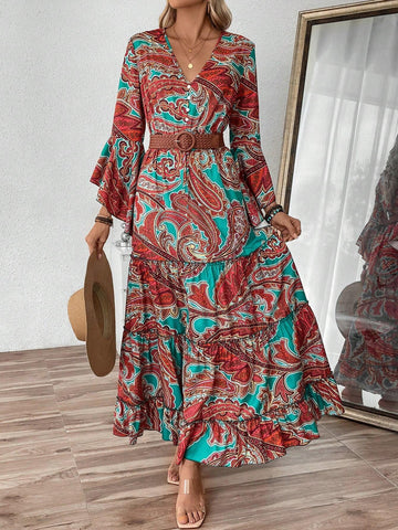 Women's Casual Paisley Print Flare Sleeve Dress For Vacation