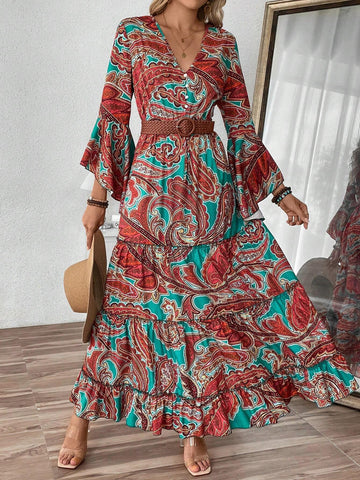 Women's Casual Paisley Print Flare Sleeve Dress For Vacation