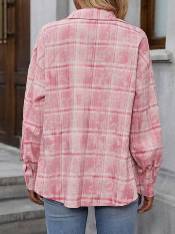 LUNE Women's Casual Plaid Button Down Shirt With Small Drop Shoulder And Curved Hem