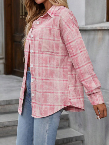 LUNE Women's Casual Plaid Button Down Shirt With Small Drop Shoulder And Curved Hem