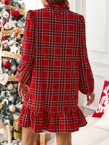 Women's Casual Plaid Christmas Long Sleeve Dress, For Autumn/Winter