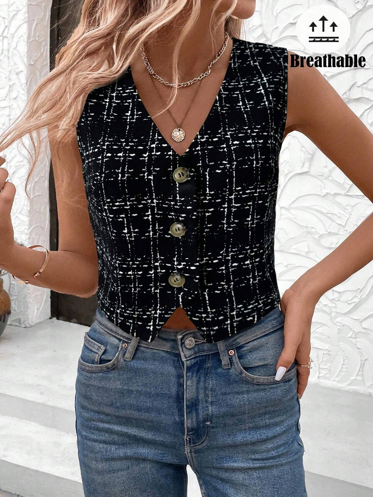 LUNE Women's Casual Plaid Print V-Neck Button Down Sleeveless Shirt