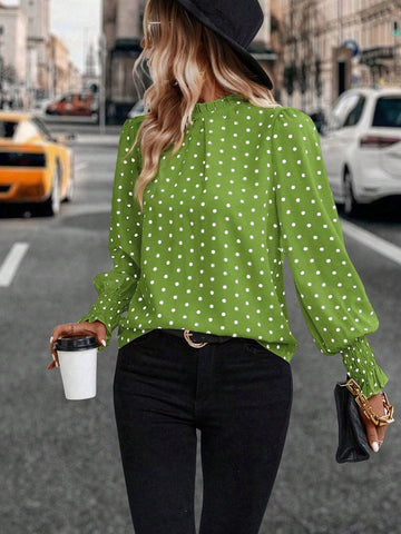 LUNE Women's Casual Polka Dot Print Frill Mock Neck Lantern Sleeve Loose Blouse, Spring/Autumn