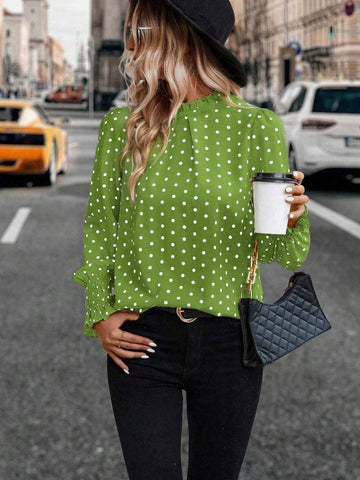 LUNE Women's Casual Polka Dot Print Frill Mock Neck Lantern Sleeve Loose Blouse, Spring/Autumn