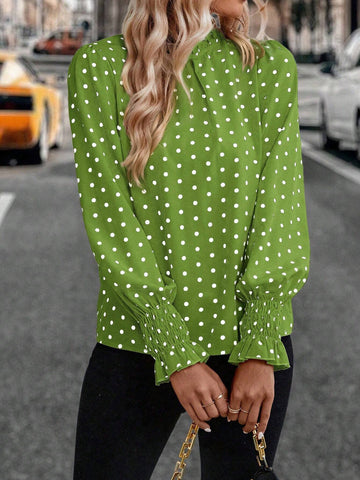 LUNE Women's Casual Polka Dot Print Frill Mock Neck Lantern Sleeve Loose Blouse, Spring/Autumn