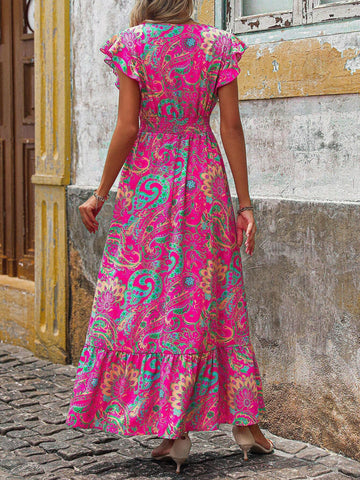 Women's Casual Printed V-Neck Summer Holiday Dress With Flutter Sleeves, Pleated Waist And Ruched Hemline