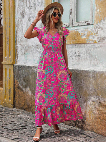 Women's Casual Printed V-Neck Summer Holiday Dress With Flutter Sleeves, Pleated Waist And Ruched Hemline