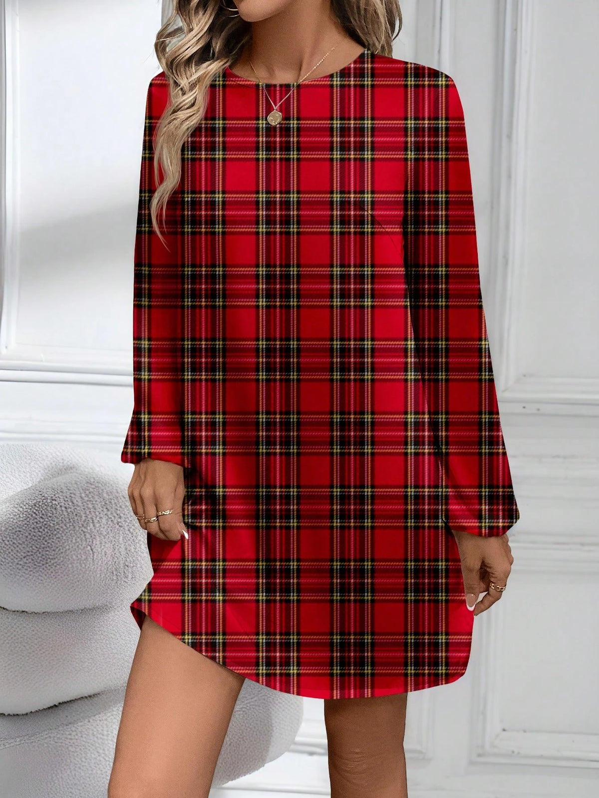 Women's Casual Red Plaid Midi Dress, Suitable For Autumn/Winter