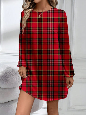 Women's Casual Red Plaid Midi Dress, Suitable For Autumn/Winter