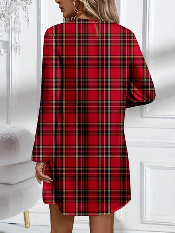 Women's Casual Red Plaid Midi Dress, Suitable For Autumn/Winter
