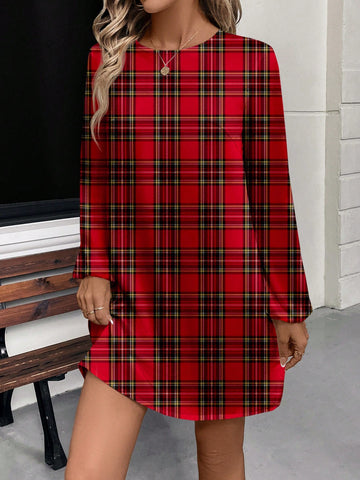 Women's Casual Red Plaid Midi Dress, Suitable For Autumn/Winter