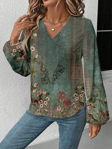 LUNE Women's Casual Retro Floral Pattern Loose Fit Button-Down Blouse For Fall & Winter