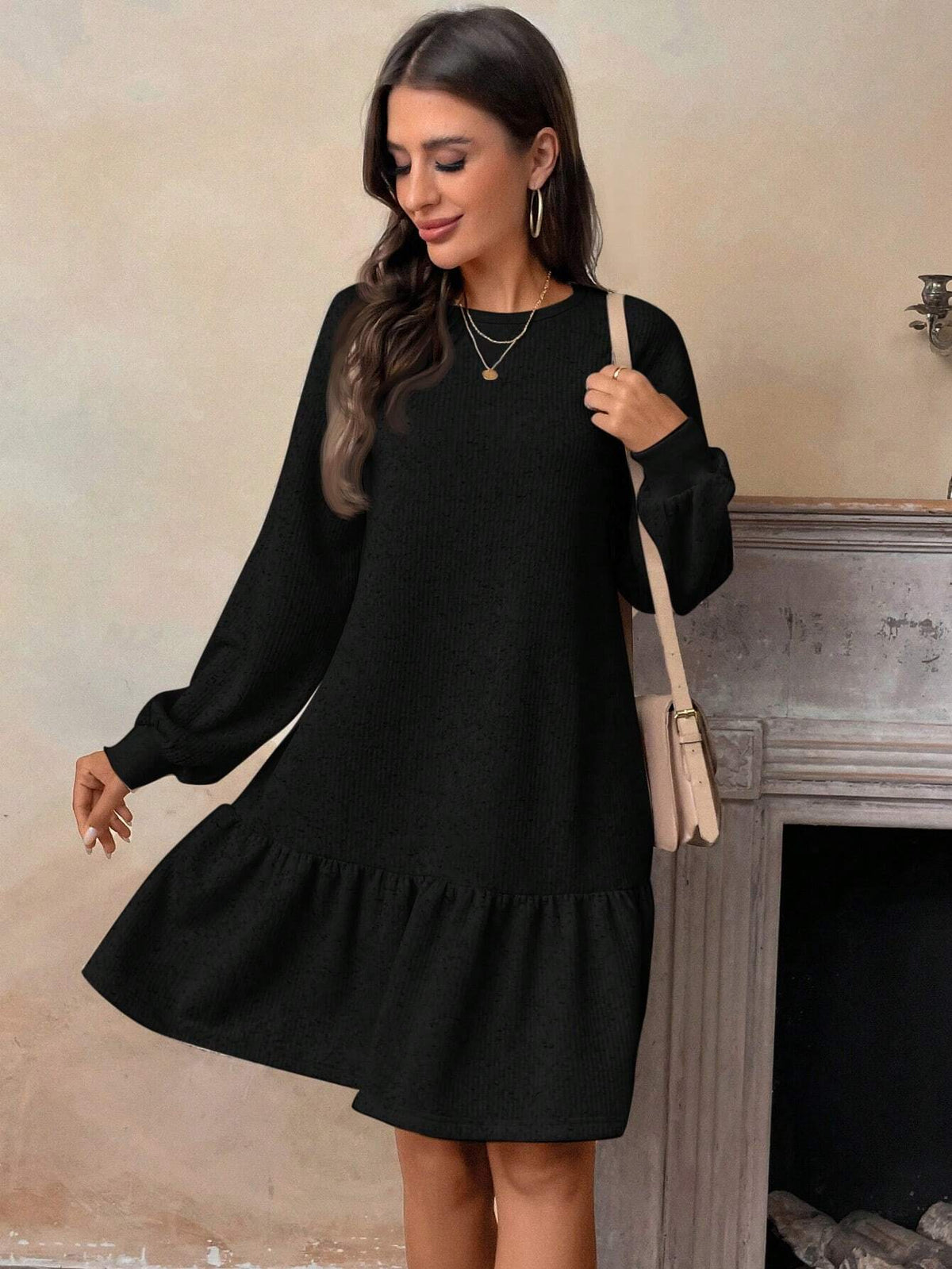 Women's Casual Round Neck Ruffle Long Sleeve Dress