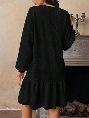 Women's Casual Round Neck Ruffle Long Sleeve Dress