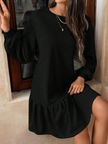 Women's Casual Round Neck Ruffle Long Sleeve Dress