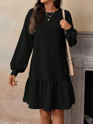 Women's Casual Round Neck Ruffle Long Sleeve Dress