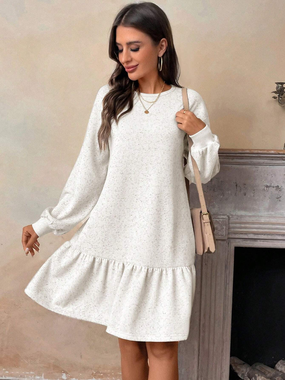 Women's Casual Round Neck Ruffle Trim Long Sleeve Dress