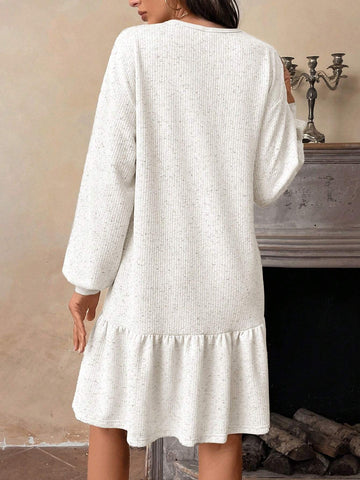 Women's Casual Round Neck Ruffle Trim Long Sleeve Dress