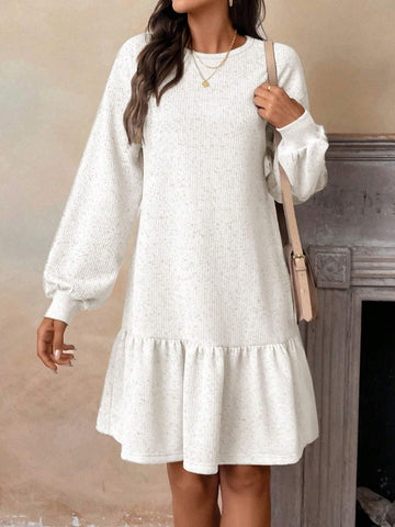 Women's Casual Round Neck Ruffle Trim Long Sleeve Dress