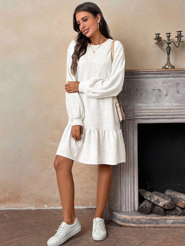 Women's Casual Round Neck Ruffle Trim Long Sleeve Dress