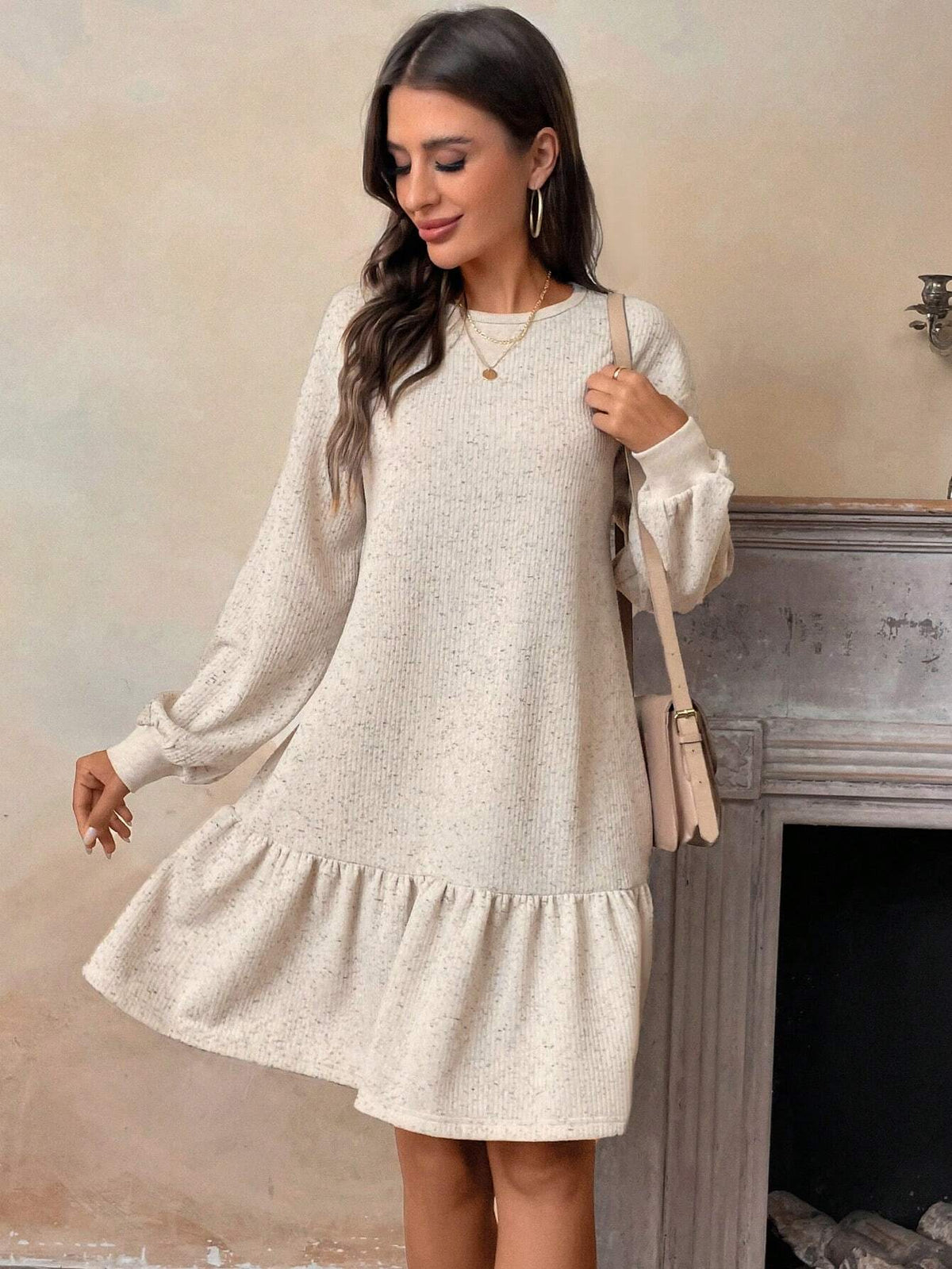 Women's Casual Ruffled Crew Neck Long Sleeve Dress