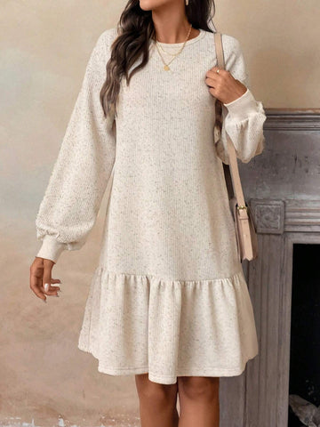 Women's Casual Ruffled Crew Neck Long Sleeve Dress