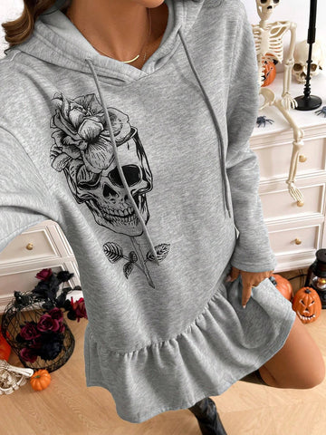 Women's Casual Ruffled Hem Skeleton Print Dress For Spring And Summer